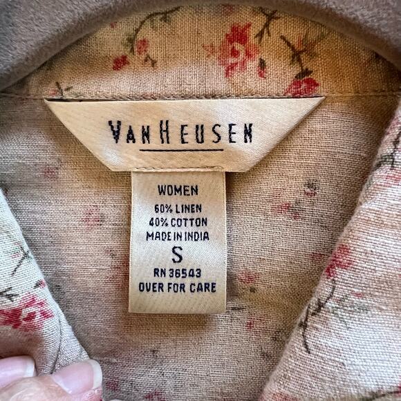 VTG Van Heusen Linen Blend Ditzy Floral Button Up Top Size S Cottagecore Ecru - Picture 3 of 9